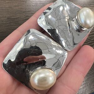 Vintage very large LOUIS BOOTH Sterling silver and faux pearls clip earrings